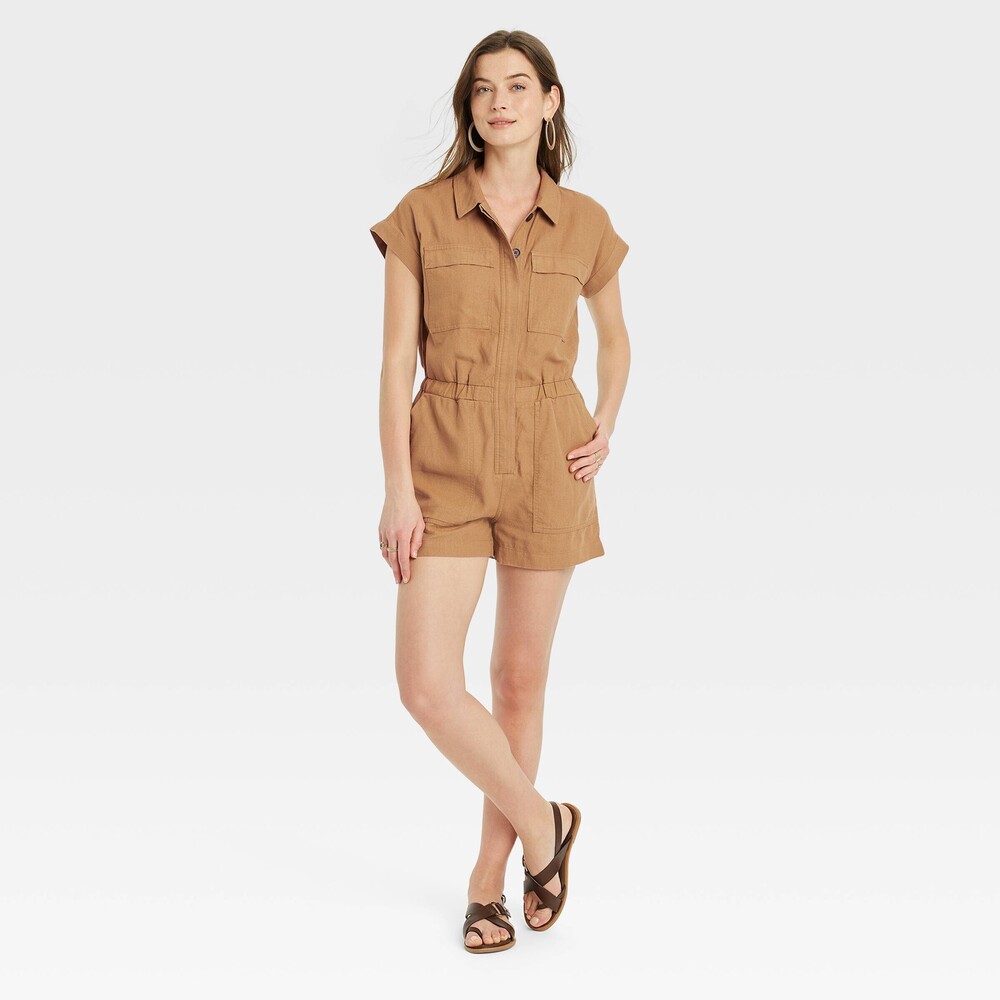 Short Sleeve linen blend romper - Brown 4